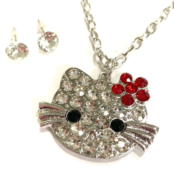 Hello Kitty Necklace Earrings Set Silver Tone Large Face Red Bow - Picture 2 of 3